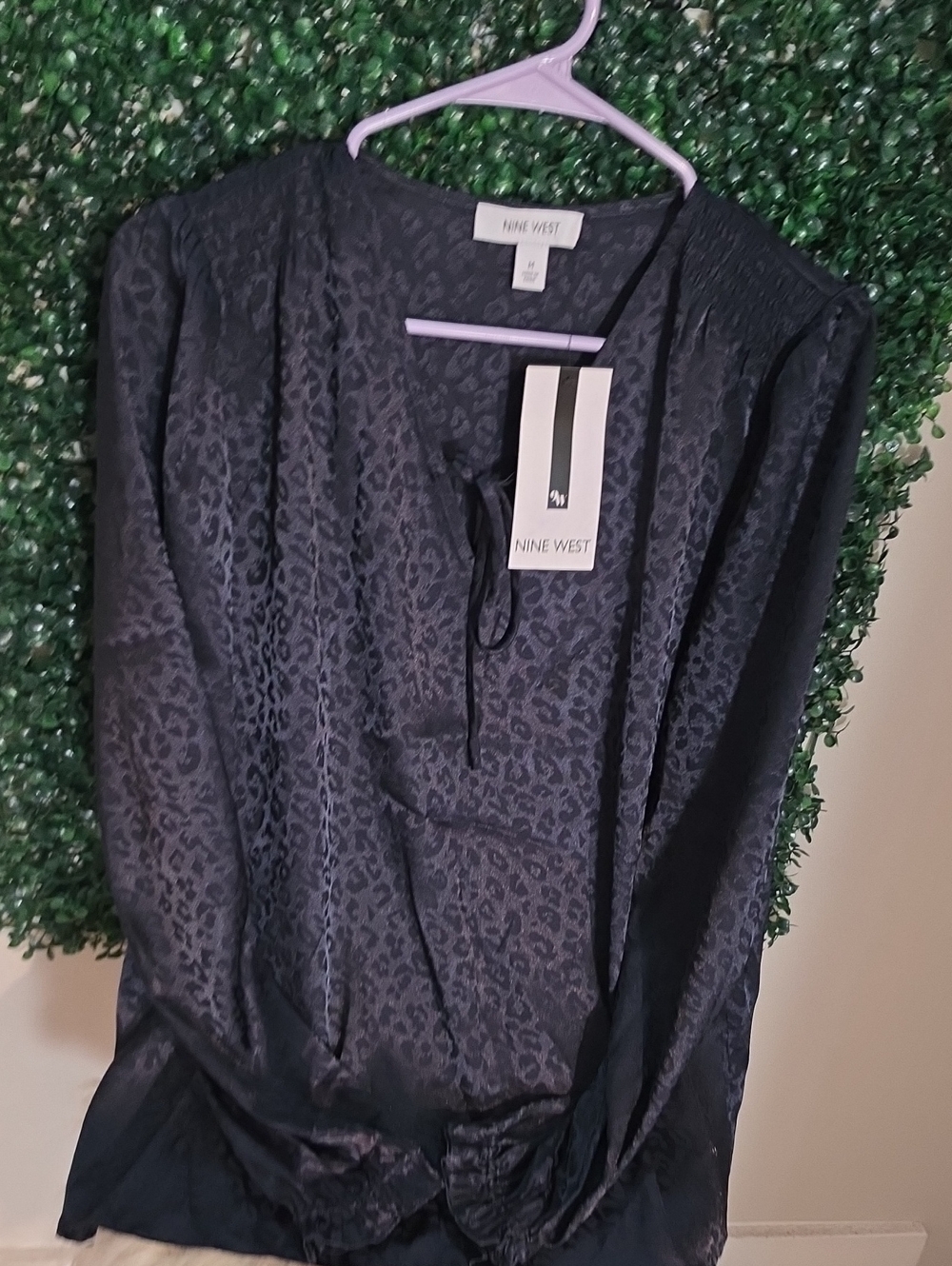 Nine West Black Leopard Jacquard Tie-Neck Blouse
